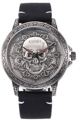 Herren-Armbanduhr mit Totenkopf-Motiv, 45 mm Zifferblatt, aufwendiges Totenkopf-Design, Quarzwerk, Lederarmband, 30 m wasserdicht, robustes Gehäuse aus Legierung, edgy Gothic-Stil, Geschenk bereit in