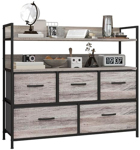 HOMCOM Kommode mit 5 Schubladen aus Stoff, Aufbewahrungsschrank, Kommodenschrank mit 2 Regalen, Stahlgestell, Industrie-Design für Wohnzimmer, Schlafzimmer Grau