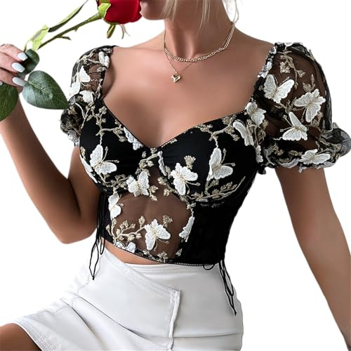 AYIYO Butterfly Embroidered Corset Top, Sheer Mesh Puff Sleeve, Lace-Up Back (UK, Alpha, M, Regular, Regular, Black)