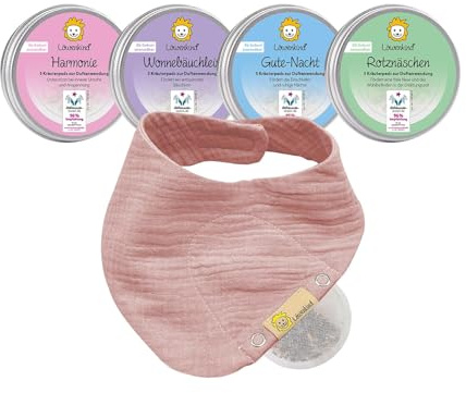 Löwenkind Baby Startklar-Set für typische Kinderwehwehchen | Erkältungszeit, Unruhe, Schlafprobleme, Bauchbeschwerden | 4x5 natürliche Kräuterpads | Musselin-Halstuch aus 100% Bio-Baumwolle (Altrosa)