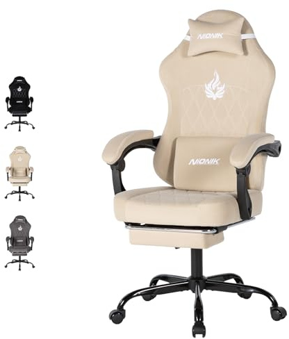 NIONIK Fauteuil de Jeu, Fauteuil d'ordinateur, Ergonomique, avec Repose-Pieds, Appui-tête réglable, Soutien Lombaire avec Fonction Massage, Rembourrage Moelleux, capacité de Charge de 150kg Beige