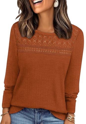WIHOLL Women Jumpers Long Sleeve Tops Womens Lace Blouse Trendy Waffle Knit Jumpers Dressy Casual