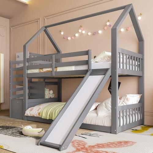 NovaFurnish Etagenbett mit Stauraumtreppe und Rutsche, Hausbett(Ohne Matratze), Kinderbett mit Geländer, geeignet für Kinder, Jugendliche, 90x200cm, Grau