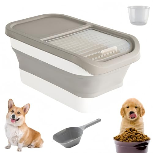 Generisch Almacenamiento de comida para perros, 12-15 kg, hermético, con tapa abatible, ruedas, caja de comida plegable para perros y gatos, contenedor de comida para perros con vaso medidor de hasta