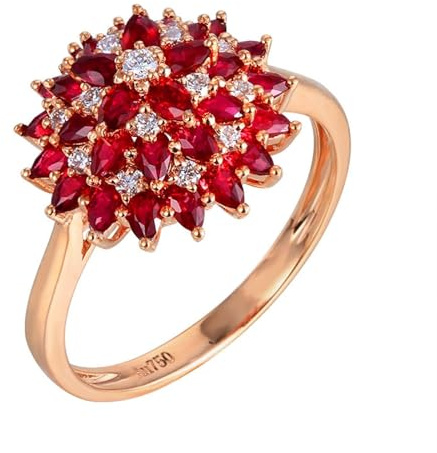 Homxi Verlobungsringe Rosegold 750 Ringe für Damen, Blume mit Erstellter Rubin 1,3 Karat und Moissanit, Damen Verlobung Ringe Rosegold Gr. 66 (21.0)