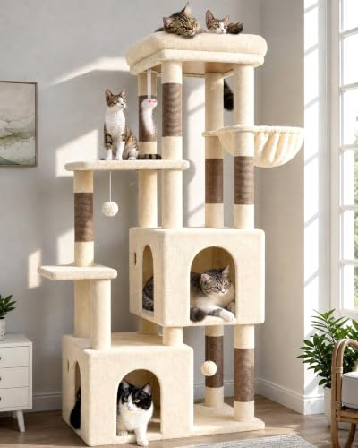 Globlazer F61 Cat Tree Tower 2 Caves 45 * 40 cm Platform for 2/3 Large Cats | Sturdy Cat Tree with 2 Spacious Condos Sisal Scratching Post, Heavy Duty Cat Tower Stable for Indoor Cat Kitten Maine Coon
