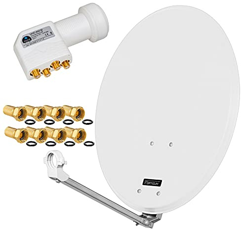 hb-digital SAT Anlage Set: 60cm Spiegel von Opticum Schüssel aus Stahl in hellgrau + Quad LNB UHD 404 W in weiß von hb digital 4 Teilnehmer DVB-S/S2 FullHD 3D 4K Ultra HD + 8X F-Stecker vergoldet