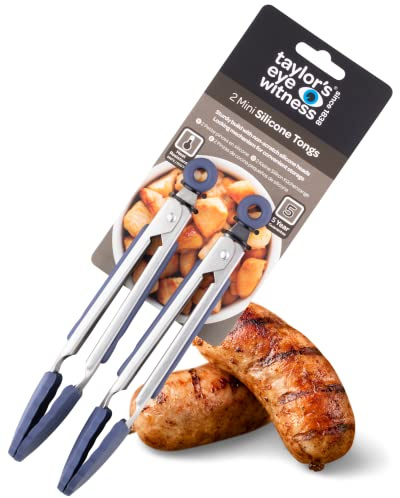 Taylors Eye Witness 2 Small Steel Blue Silicone Tongs - Dishwasher Safe. Sturdy Build, Non-Scratch Heads, Convenient Locking Mechanism. Odour, Stain & Heat Resistant (260°C/500°F). 5 Year Guarantee