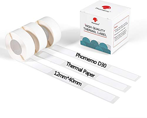 Phomemo D30 D30Pro Thermodrucker-Papierrolle - Wasserdichtes Druckpapier 12 x 40 mm / 0,47 x 1,57 Zoll Selbstklebendes Weiß für Drahtlose Tragbare Thermodrucker, 3 Rollen