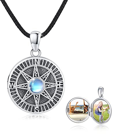 REDSUN Kompass Medaillon Halskette 925 Sterling Silber Mondstein Kette Keltisches Knoten Foto Medaillon Amulett Medallion mit Foto Kompass Schmuck für Herren Sohn Jungen Damen Geschenke