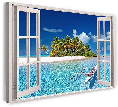 Printistico Bilder Fensterblick 80x60cm Baumwoll-Leinwand auf Keilrahmen mit Aufhänger moderner Kunstdruck XXL Wandbilder Wand-Dekoration Insel Palmen Urlaub Meer Strand - Natur-Fotografie