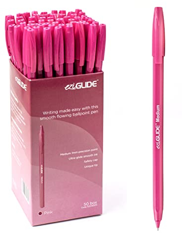 Eziglide 50-Pack Ballpoint Pen Set, Pink – Medium Nib (1.0mm) for Smooth Writing & Unique Tip – Ergonomic Grip, Long-Lasting Ink, Perfect for Home, School, Teachers, Work & Daily Handwriting