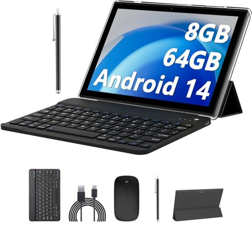 Tabletas Android 14 de 10 pulgadas, tablet 2 en 1 con funda para teclado, 8 GB+64 GB ROM/1 TB, Quad Core, visualización táctil HD, doble carema, juegos, Wi-Fi, BT, Google GMS negro