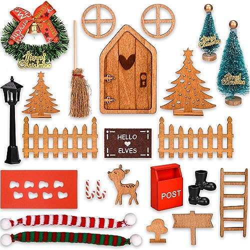 AOKITO Wichteltür Komplettset, Miniatur Wichtel Zubehör, Weihnachtswichtel Tür, Weihnachtsdeko Elfentür Set mit Zäun, Miniatur Briefkästen, Stiefel, Kranz, Mini-Weihnachtsbaum, Schals,Besen Secret