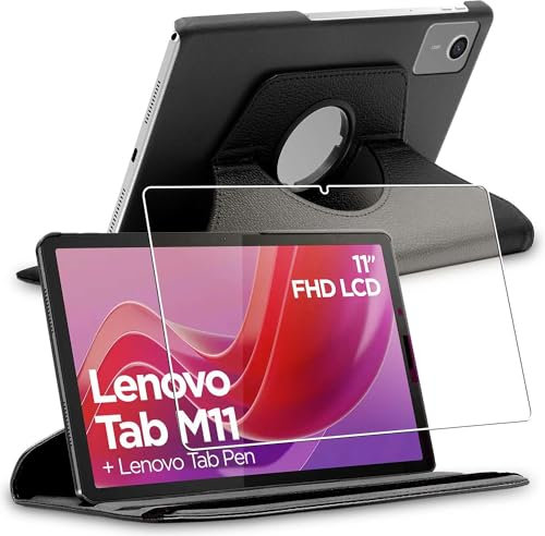 ebestStar - Funda para Lenovo Tab M11, Carcasa Capa Giratoria, 360 Protectora, Cuero PU Soporte, Negro + Cristal Templado