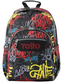 TOTTO - Mochila Escolar Adaptable a Carro, Modelo Acuareles, Capacidad 20 L, Bolsillo para Pc 14, 2 Bolsillo Botella, Espaldar Ergonómico con Flujo de Aire, Cómodas Correas en S, Estampado Grafil