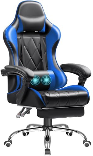 Shahoo Gaming Chair with Footrest and Massage Lumbar Support, Ergonomic Computer Seat Height Adjustable with 360°Swivel and Headrest, Blue