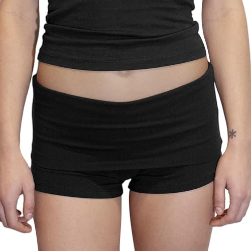 Y2k Strick-Shorts für Damen, schmale Yoga-Shorts, leger, einfarbig, umklappbar, niedrige Taille, Lounge-Shorts, Hose, Schwarz , S