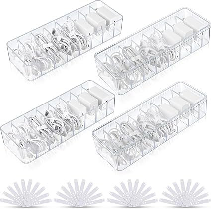 4Pcs Clear Plastic Charger Cord Organizer Box, Cable Management Box with 40 Wire Clips, Electronics Organizer for Home Office Desktop Accessories (With 1 Lid)