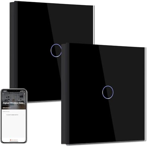 BSEED Smart ZigBee Interrupteur d'éclairage, Smart Interrupteur Mural Compatible avec Alexa et Google Home, Interrupteur Encastré 1 Gang 2 Voies Noir (Hub Requis) 2 Pièces