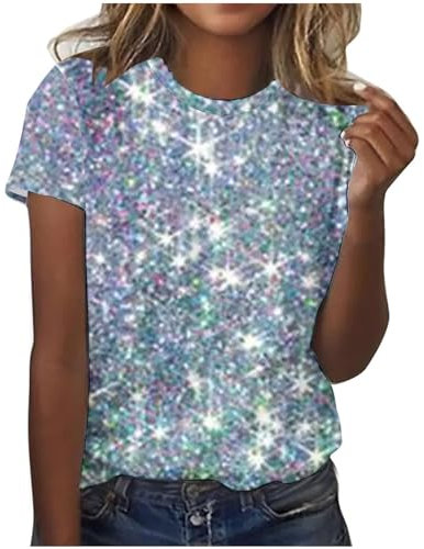 Hkdjaess Silvester Party Damen Pailletten Glitzer Oberteil Kurzarm Festlich Casual Silber Oberteil Bluse Tshirt Silvester Pailletten Tshirts Glamour Vintage Kleidung Mode Top Glitzerblusen