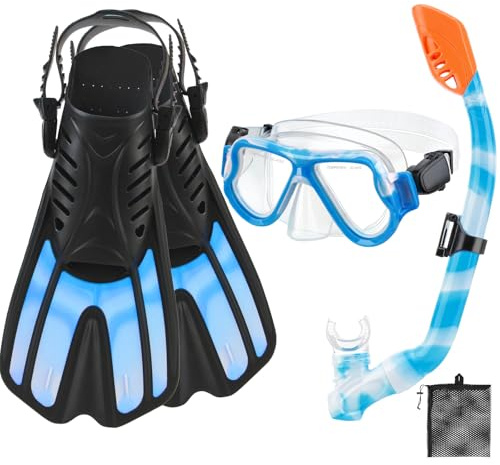 CTSAYTL Snorkeling Gear for Kids, 4 in 1 Child Mask Fins Snorkel Set with Panoramic View Anti Fog Mask, Dry Top Snorkel, Trek Fins and Travel Bag, Kids Snorkeling Set with Fins for Snorkeling Swimming
