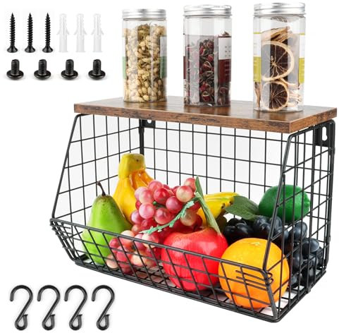 Corbeille a Fruit, Panier a Fruit Mural Mur Empilable Bac, Panier Rangement Cuisine, Corbeilles à Fruits avec 2 Crochets, Panier Legumes Rangement Cuisine, Noir