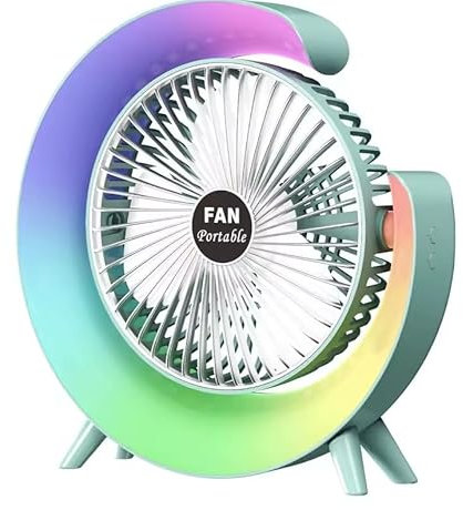 USB Desk Fan 5 Colour LED Lights 3 Levels Air Flow Rechargeable 1800mAh Strong Airflow Quiet Operation Home Office Desk Summer Gift (Green)