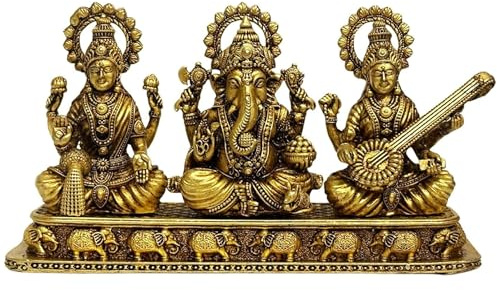 HOME GENIE Brass Laxmi Ganesh Saraswati Idol Set | Fine Brass Trio Statue for Home Temple, Diwali, Vastu & Festive Decor | 4.5x14.5 cm Base, 8.5 cm Height, 410g | Handcrafted Finish
