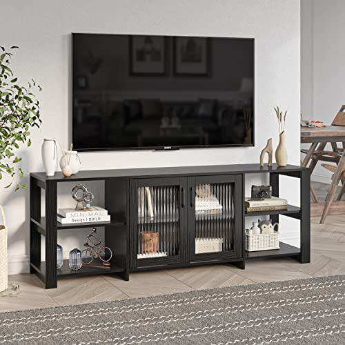 Panana Modern TV Stand Unit Cabinet with 2 Doors 4 Open Shelves Entertainment Center Media Storage Cupboard for Living Room, 160 x 38 x 56 cm (Black)