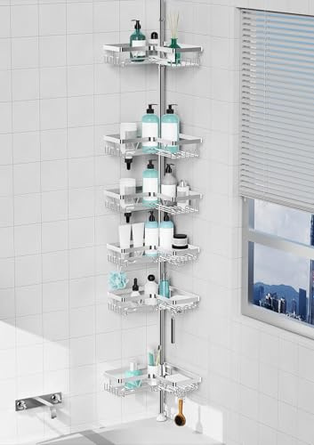 Kegii 6-Tier Telescopic Shower Caddy Corner, Corner Shower Caddy Adjustable Pole (63.5-290 cm), Stainless Steel Bath Organiser with Soap Dish & Razor Holder – Ideal for Bathtub & Bathroom Silver