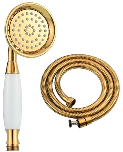 Qimopi Gold Duschkopf-Set, weißer Porzellangriff, Glockenform, Sprühkopf + 1,5 m G1/2 Zoll Brauseschlauch