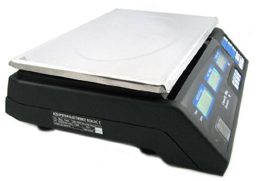 Preisrechenwaage (40 kg / 5 g) Edelstahl Waage mit LCD Display Akku Wasserwaage Tara Funktion Akkubetrieb Digital - Preiswaage Paketwaage Küchenwaage Digitalwaage