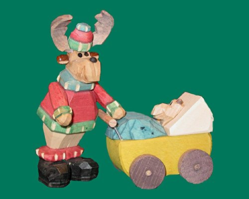 Rudolphs Schatzkiste Elch mit Kinderwagen geschnitzt 9 cm bunt Erzgebirge NEU