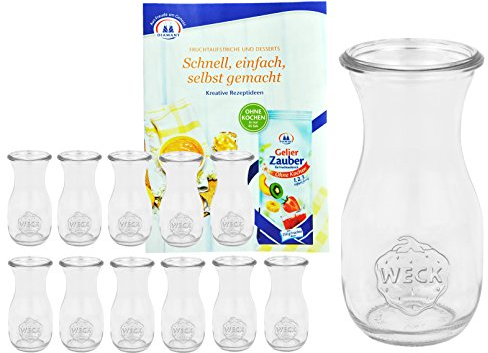 MamboCat 12er Set Weckgläser Saftflaschen 290 ml I Original Weck Glasflasche I Einweckflaschen für Säfte Saucen Öle UVM I Weck Flaschen ohne Deckel inkl. Diamant-Zucker Gelierzauber Rezeptheft