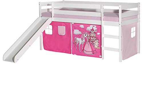 IDIMEX Hochbett mit Rutsche Benny Kinderbett Spielbett Holzbett mit Vorhang mit Motiv Prinzessin rosa, Kiefer massiv weiß lackiert, 90 x 200 cm