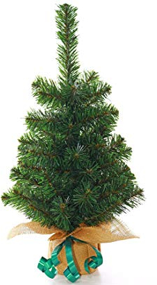 Künstlicher Kleiner Weihnachtsbaum Mini Christbaum 60cm als Tischdekoration - B1 schwer entflammbar mit Jute-Fuß geschmückt