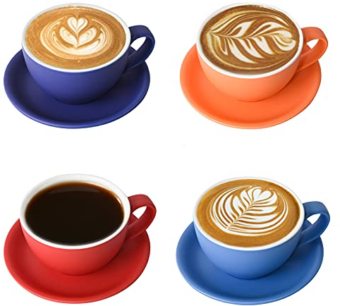 Yundu Cappuccinotassen Set 4x 300ml – Keramik-Kaffeetassen mit Untertassen, Mattierte Dunkeltöne-Mix für Latte Art & Barista, Großes Mokka Tassen & Untertassen Set