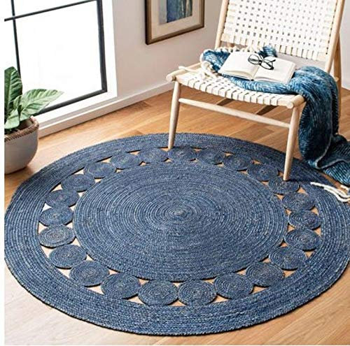 Avgari Creation Teppich, Jute, natürliches Kreis-Design, rund, handgefertigt, geflochten, wendbar, 150 x 150 cm, Blau