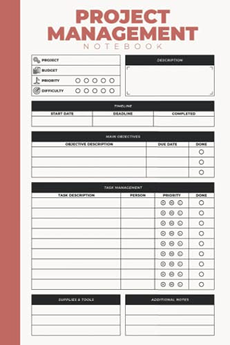 Project Management Notebook: Project Management Planner For Work - Project Manager Tracker With Checklist & Notes - Project Manager Organizer - Project Management Notebook Organizer For Work