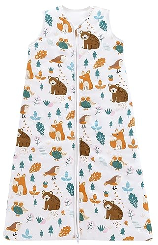 Chilsuessy Schlafsack Baby 2.5 Tog Winterschlafsack Babyschlafsack aus reine Baumwolle Winter Schlafanzug ohne Ärmel 70-130cm für Neugeborene und Kinder, Wald Tiere, 90cm/Baby Höhe 85-95cm