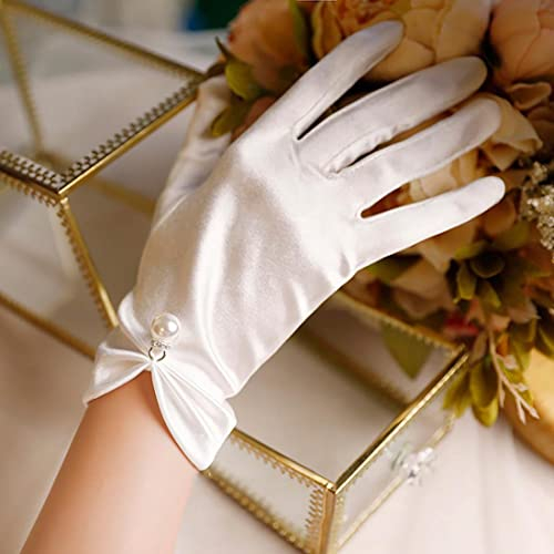 SINLOV Perlen Hochzeit Bankett Kleid Handschuh Kurz Satin Handschuhe Handgelenklänge Handschuhe für Party Tanz Hochzeit (Weiß)