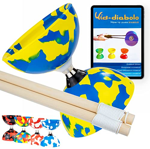 Juggle Dream Jester Diabolo Set de Jonglage avec Diabolo à roulement à Billes, Baguettes en Bois et Vidéo d'apprentissage en Ligne (Bleu/Jaune)