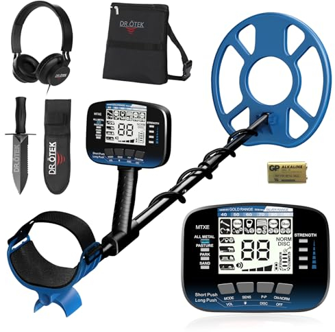 DR.ÖTEK Metalldetektor, Leicht Metalldetektoren Kit für Erwachsene und Kinder, Golddetektor mit wasserdichte Suchspule, Hochpräziser, LCD Display, Pinpoint, DISC, All Metal, und 3 Terrain-Mods, Blau