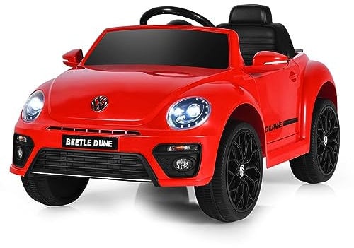Maxmass Kids Electric Ride on Car, 12V Battery Powered Licensed Volkswagen Beetle Vehicle with Remote Control, Lights, Music, USB, FM, Bluetooth and Slow Start, Children Toy Car for Boys Girls (Red)
