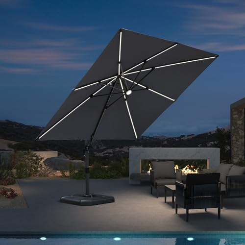 PURPLE LEAF Sonnenschirm 300 x 300 cm, Aluminium Ampelschirm mit Solar LED Beleuchtung, Gartenschirm mit Kurbel, 360° Rotation, UV-beständig, Hellgrau