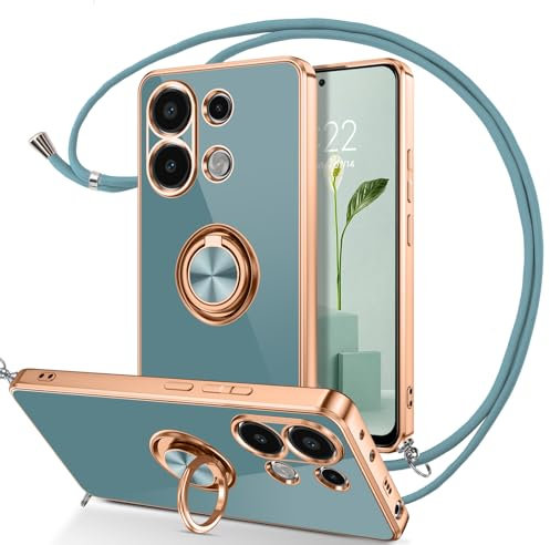 DUEDUE Coque Xiaomi Redmi Note 13 4G(Pas pour 5G) Cordon avec Anneau Rotatif, Protection Caméra Souple Doublure Microfibre, Coque Bague Corde Bandoulière Lanière Réglable Redmi Note 13 4G, Vert Gris