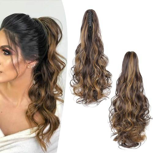 Gairyan 50cm Pferdeschwanz Haarteil Zopf Extensions Lang Lockige Claw Clip in Ponytail Extensions Synthetik Haare Extensions Gewellt Haarteil Haarverlängerung für Frauen (Mittelbraun & Dunkelblond)