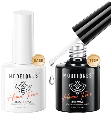 Modelones Hema-Free Gel Top Coat and Base Coat Set, 2Pcs 10ml No Wipe Top and Base Coat Set Glossy Shine Long Lasting for Gel Polish Soak Off Nail Lamp Nail Art Home Salon Manicure