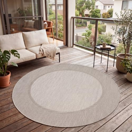 Paco Home Outdoor Teppich, Wetterfest, UV-beständig & Pflegeleicht, Flachgewebe Modern Boho-Style. Ideal für Terrasse Balkon Wohnzimmer & Küche, Grösse:160 cm Rund, Farbe:Beige 7